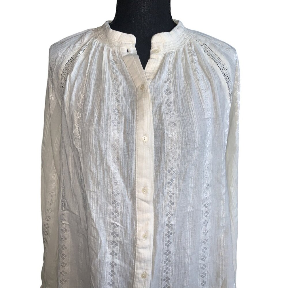 Universal Thread Womens Off-White Long Sleeve Button-Up Blouse w/ Lace Inserts - Picture 4 of 11